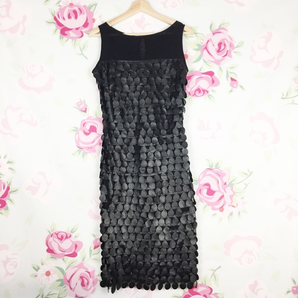 Petis Pois Black Faux Leather Mesh Tiered Layered Sheath Dress S